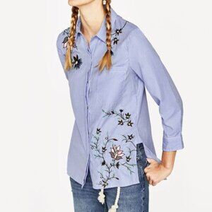 Zara Striped Embroidered Floral Poplin Button Down Shirt